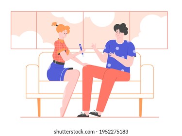 Couple is sitting on the couch looking at a positive pregnancy test. Future mother and father. Childhood expectation, new life, happy family. Vector flat illustration.