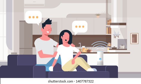 Couple Sitting On Couch Man Woman Using Smartphone Smart Speaker Voice Recognition Concept Chat Bubble Communication Modern Living Room Interior Flat Horizontal