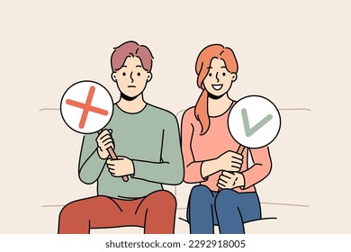 Couple sitting on couch showing yes and no signs. Man and woman feeling different emotions demonstrate various signs in hands. Vector illustration. 