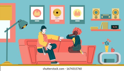 Couple sitting on couch and talking vector illustration in sketch cartoon style.