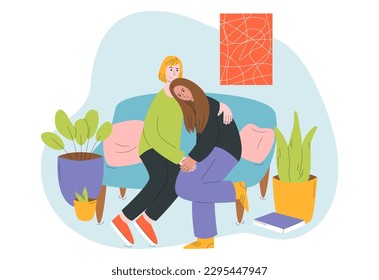 The couple is sitting on the couch. Two girls hug. One girl comforts another. Lesbian love, friendship.