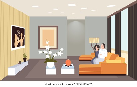 couple sitting on couch watching tv man woman having fun contemporary living room interior home modern apartment design flat horizontal