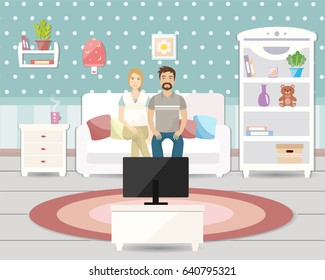 A couple sitting on a couch watching TV. Vector illustration.