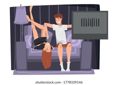 Couple Sitting on Cozy Couch and Watching TV, Smiling Young Man and Woman Spending Time Together at Home Vector Illustration