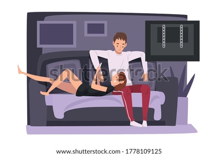 Couple Sitting on Cozy Couch and Watching TV, Young Man and Woman Spending Time Together at Home, Girl Using Smartphone Vector Illustration