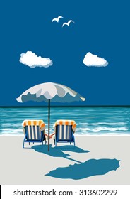 Couple sitting on deck chairs on the beach under umbrella, holding hands, on vacation, vector illustration