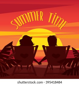 Couple sitting on the deck chairs on the beach and watching the sunset - Friendship or love concept. Vector illustration