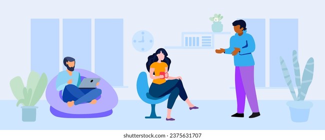 The couple is sitting on the divan with a laptop and tea. A guy and a girl are resting at home. Modern colorful сartoon flat  vector illustration.