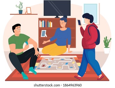 A couple is sitting on the floor with a board game. Guy takes pictures of people playing. Young people communicate in the apartment and spend time together. The man is looking at the phone screen