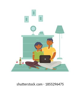 Couple sitting on the floor looking laptop drinking wine. Romantic dinner at home. Vector flat illustration
