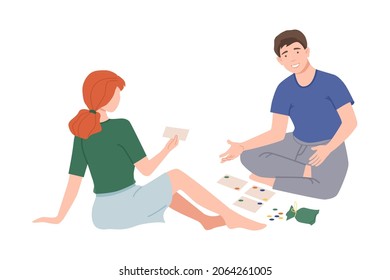 Couple sitting on floor and playing tabletop game. Family playing board game together cartoon vector illustration