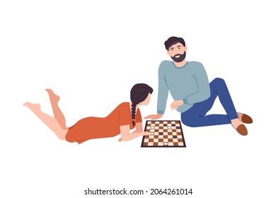 Couple Sitting On The Floor And Playing Checkers. Family Playing Board Game Together Cartoon Vector Illustration