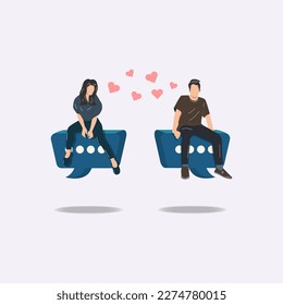 Couple sitting on flying speech bubble, with love each other design vector illustration