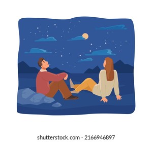 Couple Sitting On Hill Watching Starry Sky, Celestial Bodies And Constellations, Full Moon And Clouds. Night Date Of Boyfriend And Girlfriend. Flat Cartoon Character, Vector Illustration