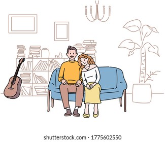 A couple is sitting the living room sofa leaning against each other  hand drawn style vector design illustrations  