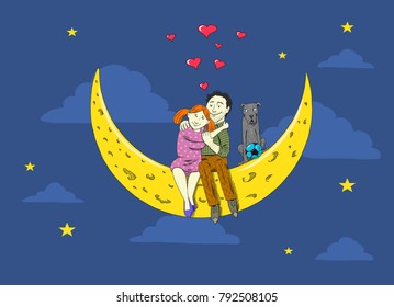 Couple is sitting on the moon. St. Valentine's day. Illustration with colorful background