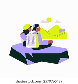 Couple Sitting On Mountain Peak In Flat Vector Illustration Symbolizing Hiking, Outdoor Adventure, And Nature Exploration, Isolated On White Background