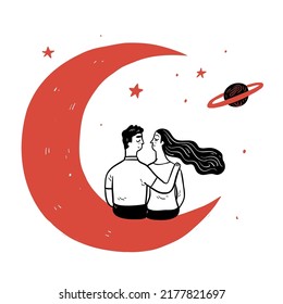 The couple sitting orange moon  Hand drawn vector illustration doodle style 