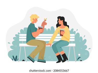 Couple sitting on park bench and drinking coffee. Happy beautiful relationship with together moments flat vector illustration