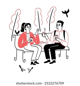 Um casal está sentado em um banco de parque, conversando enquanto segura xícaras de café e almoça em um parque. Ilustração de vetor de desenho manual.