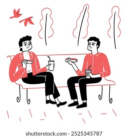 Um casal está sentado em um banco de parque, conversando enquanto segura xícaras de café e almoça em um parque. Ilustração de vetor de desenho manual.