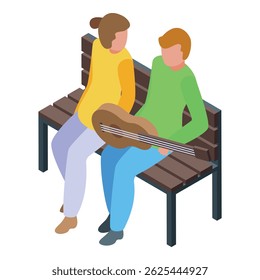 Couple is sitting on a park bench, enjoying the spring weather and playing music