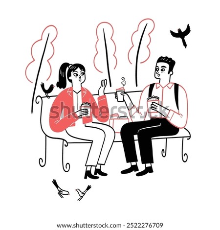 A couple is sitting on a park bench, having a conversation while holding coffee cups and having lunch in a park. Hand drawing vector illustration.