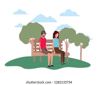 couple sitting on park chair with speech bubbles