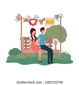 couple sitting on park chair with speech bubbles