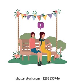 couple sitting on park chair with speech bubbles