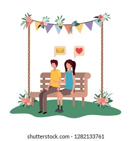 couple sitting on park chair with speech bubbles