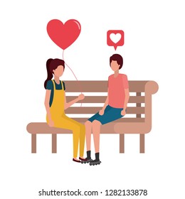 couple sitting on park chair with hearts character