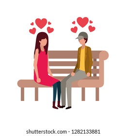 couple sitting on park chair with hearts character