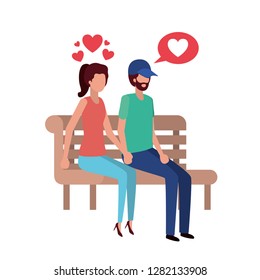 couple sitting on park chair with hearts character