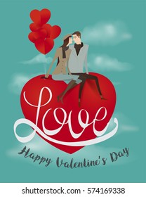 Couple sitting on a red heart. Valentine's day illustration. heart symbol assembled from many small red hearts