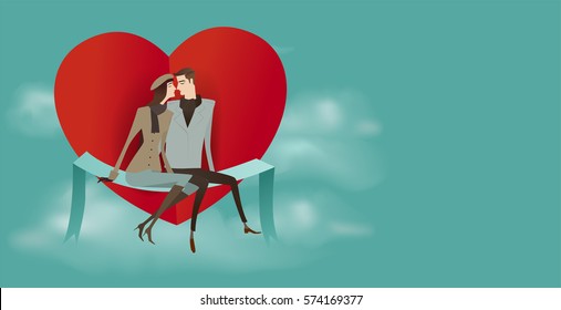 Couple sitting on a red heart. Valentine's day illustration. heart symbol assembled from many small red hearts