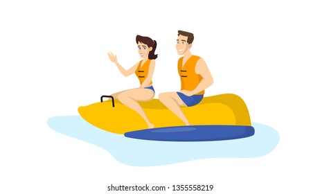 Couple sitting on the rubber boat. Summer outdoor activity. Vacation on the beach. Banana boat in the ocean. Vector illustration in cartoon style