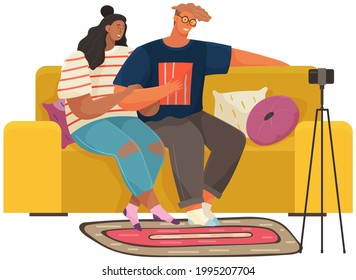 Couple sitting on sofa is broadcasting live, podcasting using phone. Man and woman record video, live online podcast. People smiling at camera on smartphone, filming video blog vector illustration