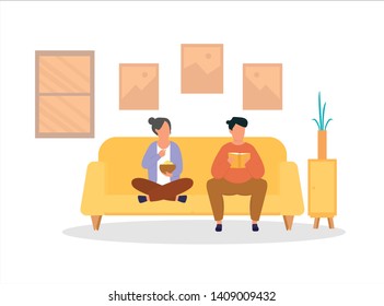 Couple sitting on sofa cuddling, eating popcorn and read book, Man and woman together relaxing on the comfortable sofa in the evening. Isolated vector illustration.