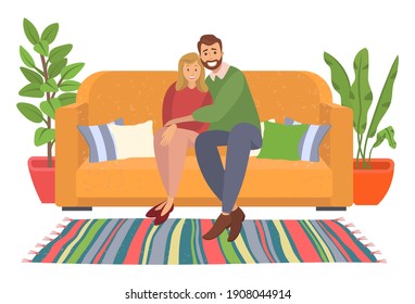 Couple sitting on sofa and cuddling. Man and woman together relaxing on comfortable couch in the evening, hugging. People in relationships on white background. Characters sit on the divan at home