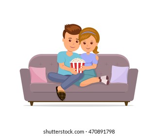 Couple sitting on sofa cuddling, eating popcorn and watching TV. Man and woman together relaxing on the comfortable sofa in the evening. Isolated vector illustration.