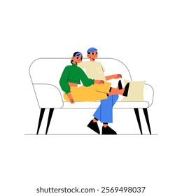 Couple Sitting On A Sofa In Flat Vector Illustration Symbolizing Relaxation, Bonding, And Togetherness, Isolated On White Background