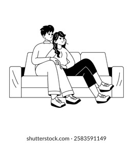 Couple sitting on sofa, glyph style illustration 
