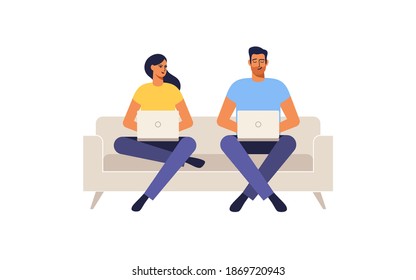 Couple sitting on sofa at home, works on the laptops. Vector Illustration.