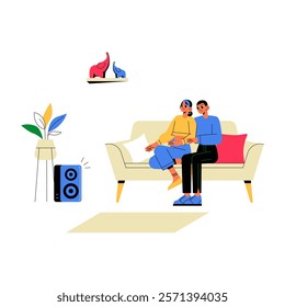 Couple Sitting On Sofa Listening To Music, Flat Vector Illustration Symbolizing Relaxation, Companionship, And Home Entertainment, Isolated On White Background.