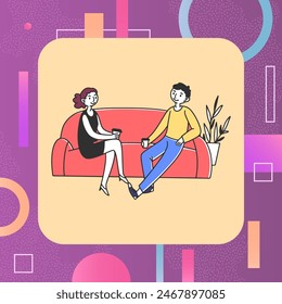 Couple sitting on sofa in living room and drinking coffee. Man and woman talking at home vector illustration. Dating, communication concept for banner, website design or landing web page