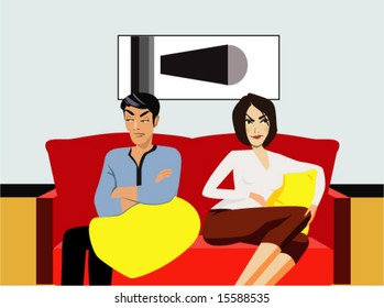 Couple sitting on sofa, looking angry.