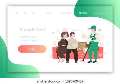 couple sitting on sofa man cleaner washing floor with mop male janitor in uniform mopping cleaning service concept horizontal copy space full length sketch vector illustration