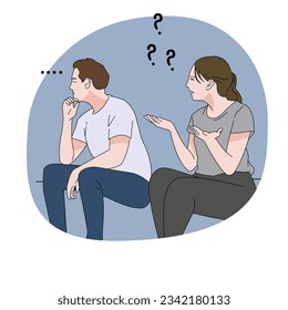 couple sitting on sofa talking argue with question marks man ignoring