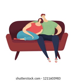 Couple sitting on the sofa. Two young lovers. Flat illustration. Hand-drawn grain texture. Bright colours.